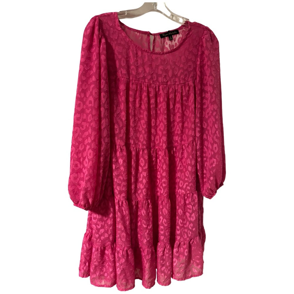 Ryan Michelle Boho Bright Pink Barbiecore Tiered Long-Sleeve Casual Dress Size M